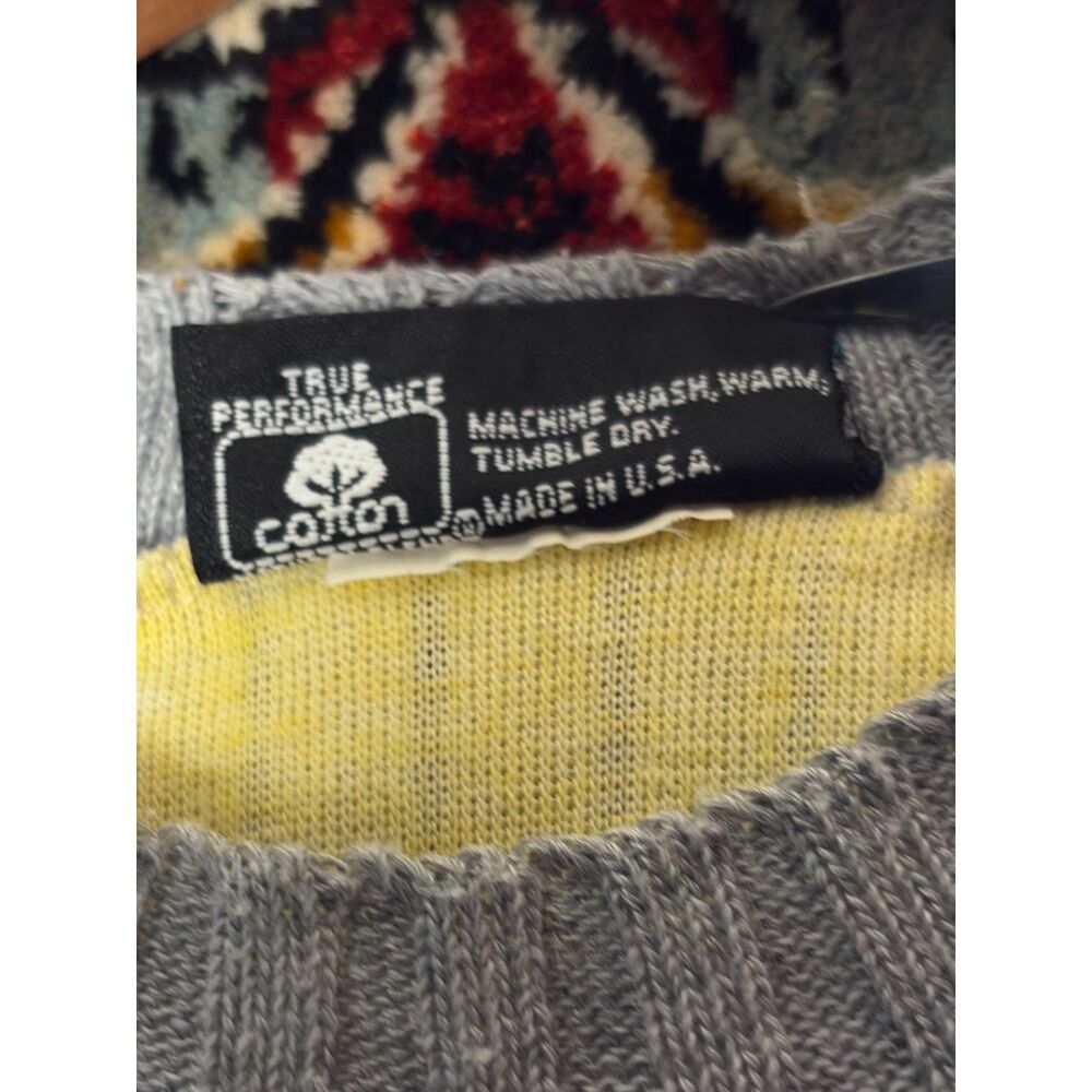 90s VTG Oversized Butter Yellow Striped Ribbed Crewneck Cotton Knit Sweater sz L - Picture 9 of 10
